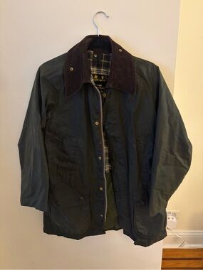 Barbour Dark Green Waxed Cotton Jacket with Brown Corduroy Collar